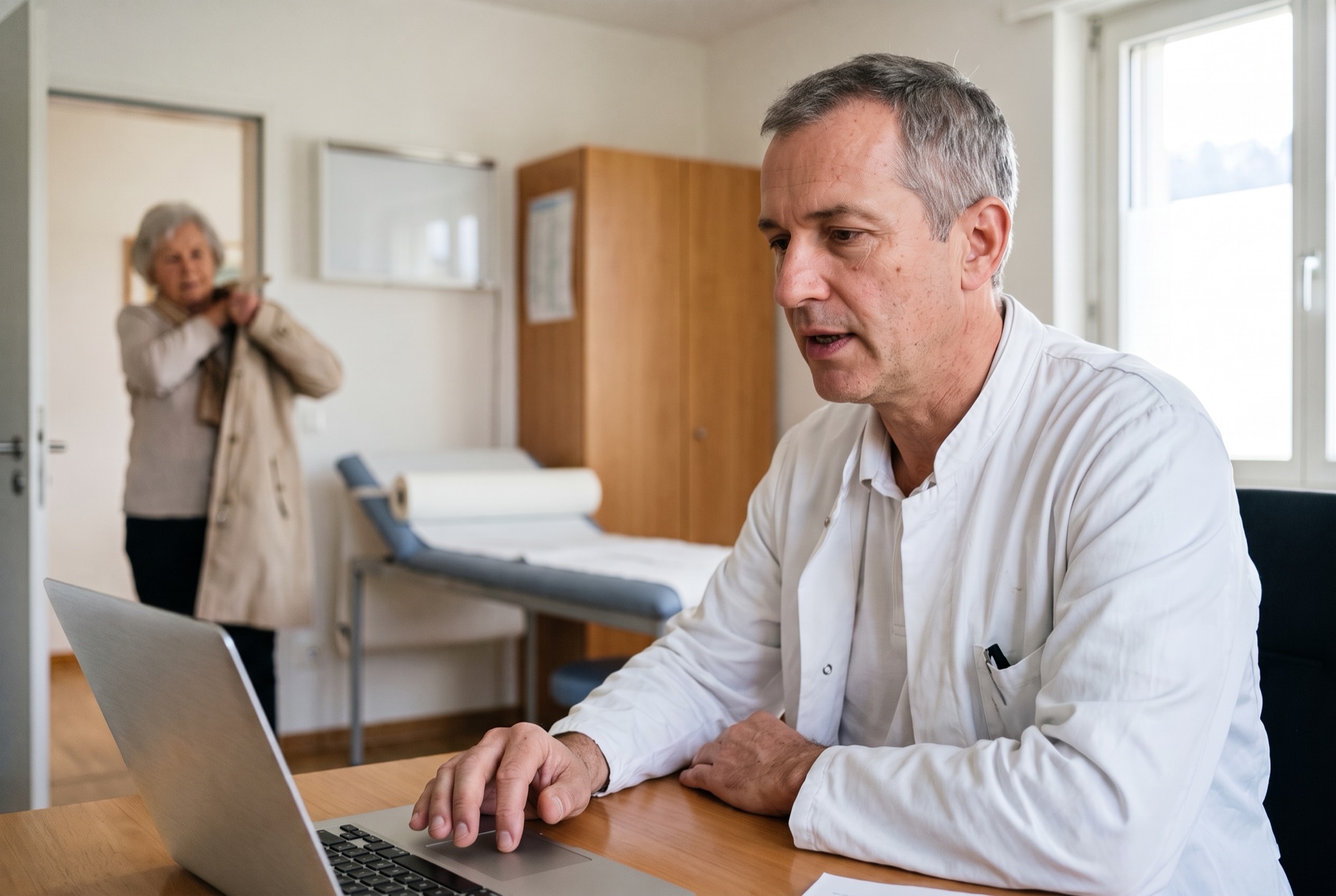 A family doctor dictates his report after the appointment; in the background, the patient is putting on her coat.