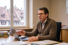 A civil servant dictates in his office overlooking an old town.