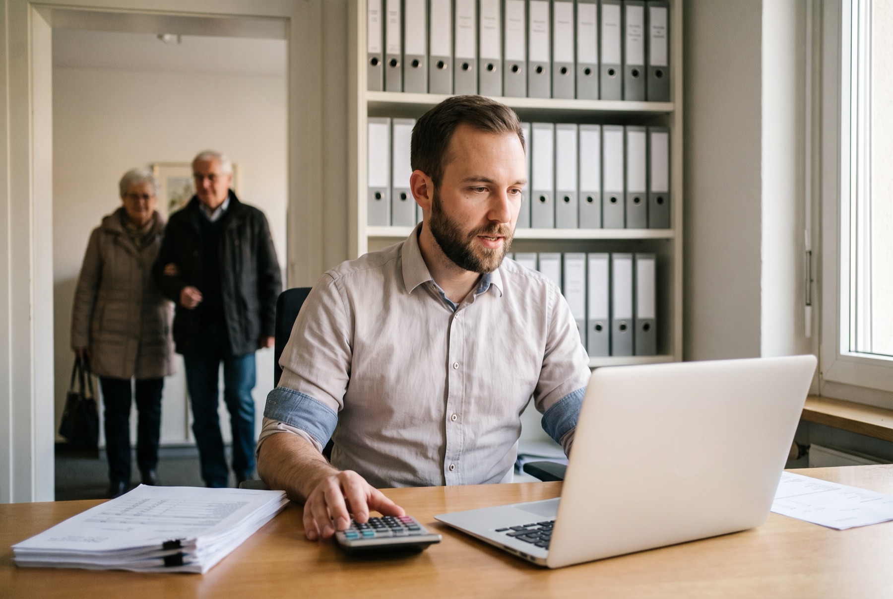 A fiduciary dictates a meeting note while a couple arrives at the office in the background.